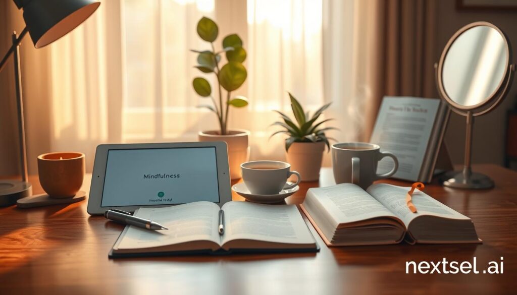 A calm wooden desk with a journal and pen, an open book, a small mirror, herbal tea, and a potted plant in soft daylight.